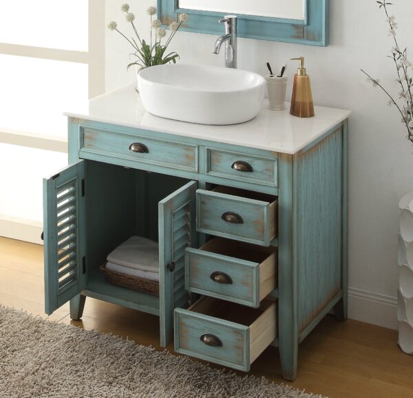 Chans Furniture ZK-78886BU 38 Inch Benton Collection Distress Blue Abbeville Vessel Sink Bathroom Vanity