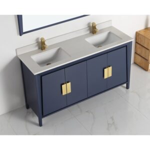 Chans Furniture CL-22NB60-QT 60 Inches Larvotto Contemporary Double Sink Bathroom Vanity In Navy Blue