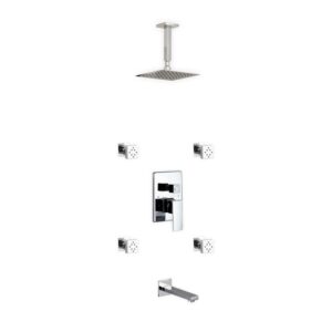 Kubebath KB CR2004JTF3V Aqua Piazza Shower Set with 8 Inch Ceiling Mount Square Rain Shower, Tub Filler and 4 Body Jets