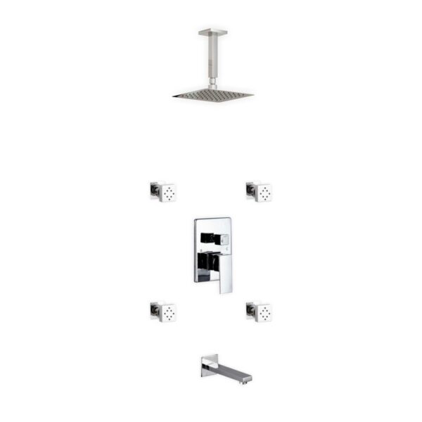 Kubebath KB CR2004JTF3V Aqua Piazza Shower Set with 8 Inch Ceiling Mount Square Rain Shower, Tub Filler and 4 Body Jets