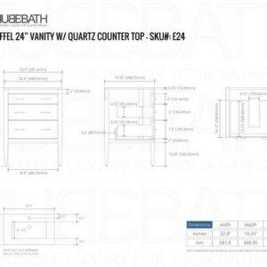 Kubebath E24-GW Eiffel 24 Inch High Gloss White Vanity with Quartz Counter Top