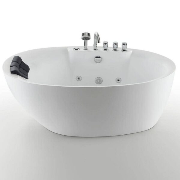 Empava EMPV-59AIS12 59 x 31 1/2 Inch Whirlpool Freestanding Acrylic Oval Bathtub with Tub Filler - White