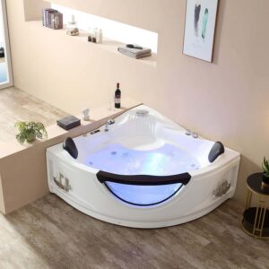 Empava EMPV-59JT319LED 59 x 29 Inch Whirlpool Corner Bathtub with Tub Filler and Thermostat - White