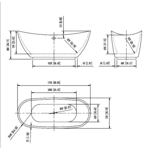 Empava EMPV-69FT1603 68 7/8 x 28 3/4 Inch Freestanding Oval Soaking Bathtub with Center Drain in White