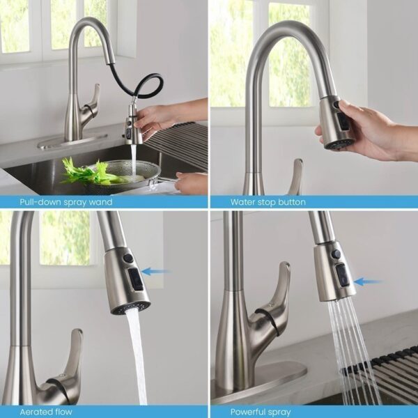 KIBI USA F101 16 1/4 Inch Single Hole Deck Mount Single Handle Pull-Down Kitchen Faucet