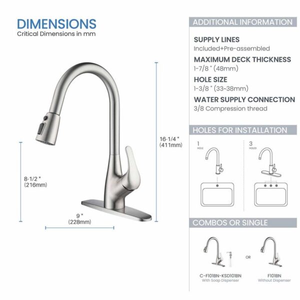 KIBI USA F101 16 1/4 Inch Single Hole Deck Mount Single Handle Pull-Down Kitchen Faucet