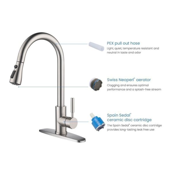 KIBI USA F102 16 1/2 Inch Single Hole Deck Mount Single Handle Pull-Down Kitchen Faucet