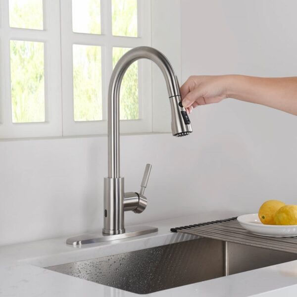 KIBI USA F102-S 16 1/2 Inch Single Hole Deck Mount Single Handle Pull-Down Kitchen Faucet with Touch Sensor