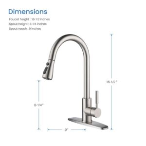 KIBI USA F102-S 16 1/2 Inch Single Hole Deck Mount Single Handle Pull-Down Kitchen Faucet with Touch Sensor