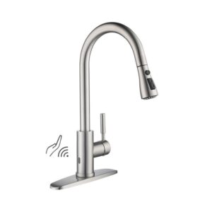 KIBI USA F102-S 16 1/2 Inch Single Hole Deck Mount Single Handle Pull-Down Kitchen Faucet with Touch Sensor