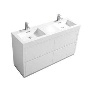 Kubebath FMB60D-GW Bliss 60 Inch Double Sink High Gloss White Free Standing Modern Bathroom Vanity