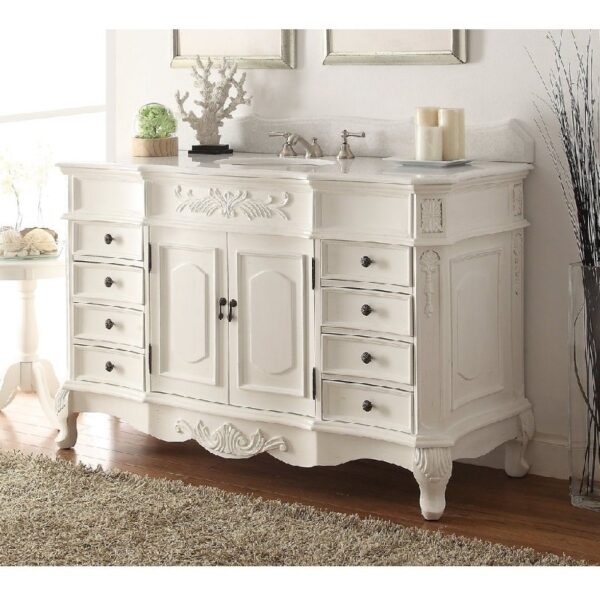 Chans Furniture HF-2815W-AW-56 56 Inch Benton Collection Antique white Morton Bathroom Sink Vanity in White