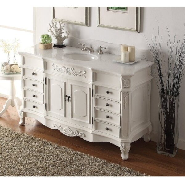 Chans Furniture HF-2815W-AW-56 56 Inch Benton Collection Antique white Morton Bathroom Sink Vanity in White