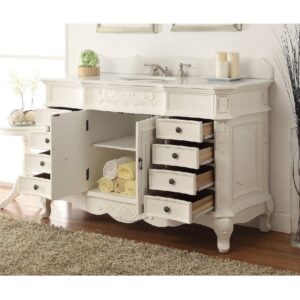 Chans Furniture HF-2815W-AW-56 56 Inch Benton Collection Antique white Morton Bathroom Sink Vanity in White