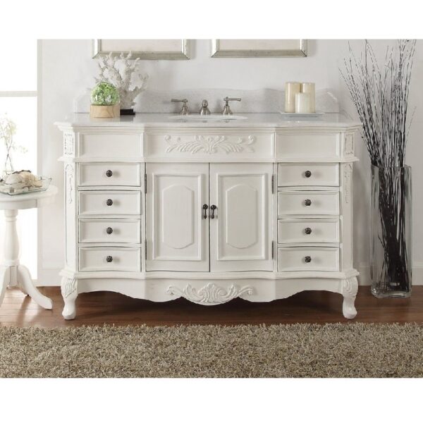 Chans Furniture HF-2815W-AW-56 56 Inch Benton Collection Antique white Morton Bathroom Sink Vanity in White