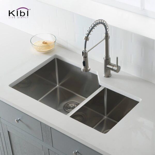 KIBI USA K1-D32 32 Inch Handcrafted Stainless Steel Double Basin Undermount Kitchen Sink with Strainers and Grids