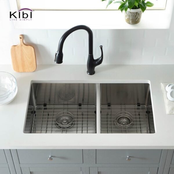 KIBI USA K1-D33-BS 32 3/4 Inch Handcrafted Undermount Double Bowl 60-40 Stainless Steel Kitchen Sink with Strainers and Grids