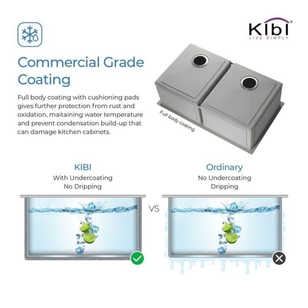 KIBI USA K1-D33-BS 32 3/4 Inch Handcrafted Undermount Double Bowl 60-40 Stainless Steel Kitchen Sink with Strainers and Grids