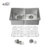 KIBI USA K1-D33-EQ 32 3/4 Inch Handcrafted Undermount Double Bowl 50-50 Stainless Steel Kitchen Sink with Strainers and Grids