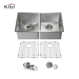 KIBI USA K1-D33-EQ 32 3/4 Inch Handcrafted Undermount Double Bowl 50-50 Stainless Steel Kitchen Sink with Strainers and Grids