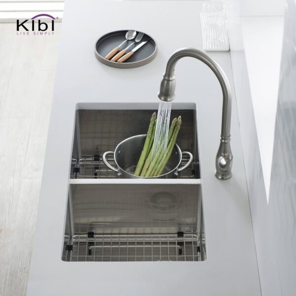 KIBI USA K1-D33-EQ 32 3/4 Inch Handcrafted Undermount Double Bowl 50-50 Stainless Steel Kitchen Sink with Strainers and Grids