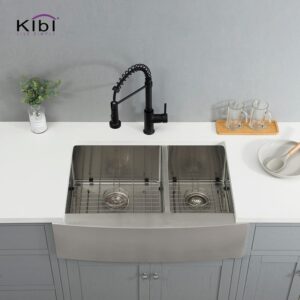 KIBI USA K1-DF33 33 Inch Handcrafted Farmhouse Apron Double Bowl Real 16 Gauge Stainless Steel Kitchen Sink with Strainer and Grid