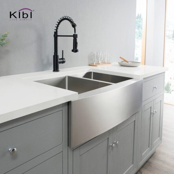 KIBI USA K1-DF33 33 Inch Handcrafted Farmhouse Apron Double Bowl Real 16 Gauge Stainless Steel Kitchen Sink with Strainer and Grid