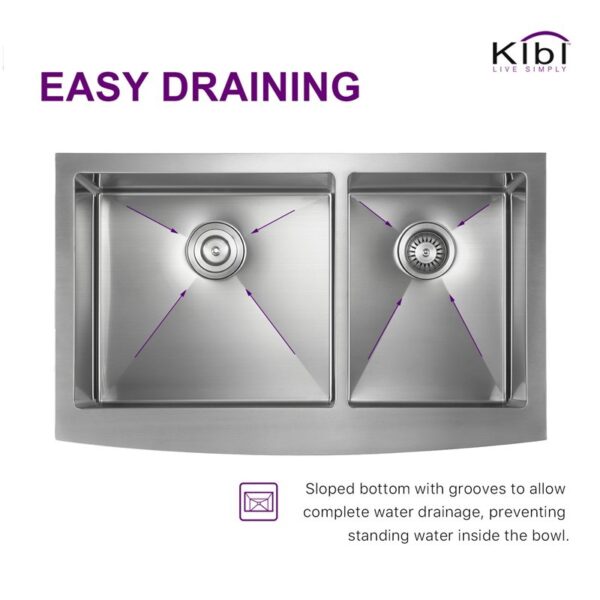 KIBI USA K1-DF36 36 Inch Handcrafted Farmhouse Apron Double Bowl Real 16 Gauge Stainless Steel Kitchen Sink with Strainer and Grid