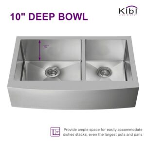 KIBI USA K1-DF36 36 Inch Handcrafted Farmhouse Apron Double Bowl Real 16 Gauge Stainless Steel Kitchen Sink with Strainer and Grid