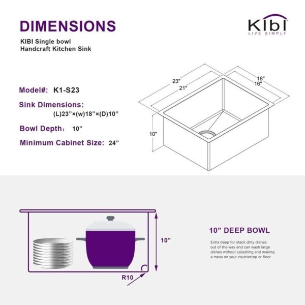 KIBI USA K1-S23 23 Inch Handcrafted Undermount Single Bowl Stainless Steel Kitchen Sink