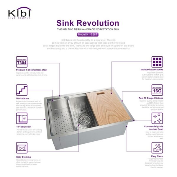 KIBI USA K1-S28T 28 Inch Handcrafted Single-Bowl 16 Gauge Stainless Steel Undermount Sink Set