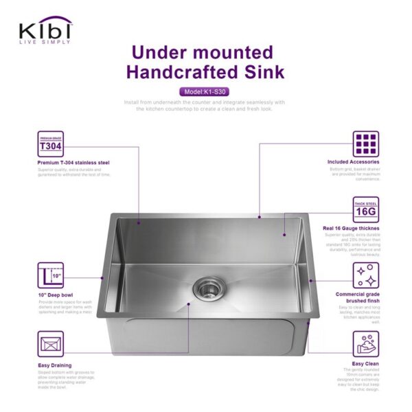 KIBI USA K1-S30 30 Inch Handcrafted Undermount Single Bowl Stainless Steel Kitchen Sink