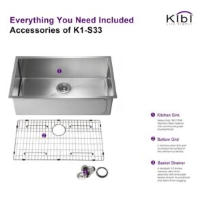 KIBI USA K1-S33 32 3/4 Inch Handcrafted Undermount Single Bowl Stainless Steel Kitchen Sink