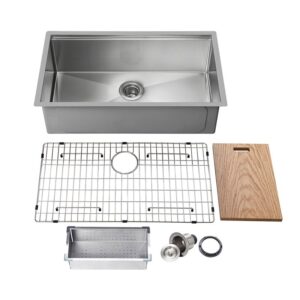 KIBI USA K1-S33T 32 3/4 Inch Handcrafted Single Bowl 16 Gauge Stainless Steel Undermount Sink Set