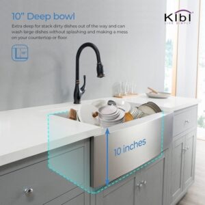 KIBI USA K1-SF30 30 Inch Handcrafted Farmhouse Apron Single Bowl Real 16 Gauge Stainless Steel Kitchen Sink with Strainer and Grid