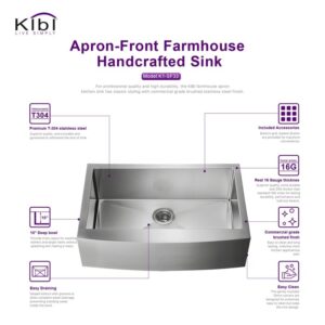 KIBI USA K1-SF33 33 Inch Handcrafted Farmhouse Apron Single Bowl Real 16 Gauge Stainless Steel Kitchen Sink with Strainer and Grid