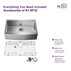 KIBI USA K1-SF33 33 Inch Handcrafted Farmhouse Apron Single Bowl Real 16 Gauge Stainless Steel Kitchen Sink with Strainer and Grid