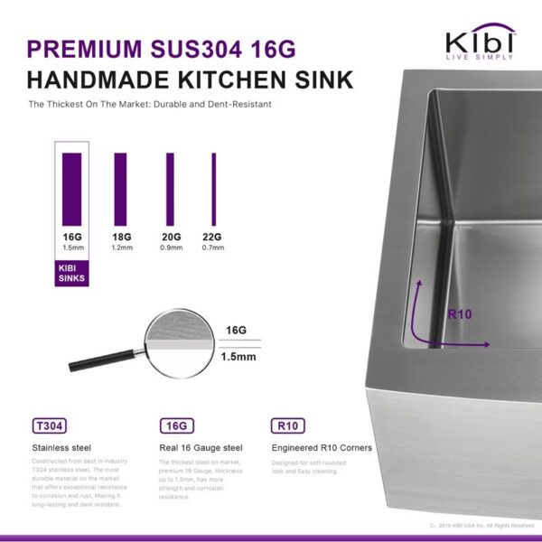 KIBI USA K1-SF36 36 Inch Handcrafted Farmhouse Apron Single Bowl Real 16 Gauge Stainless Steel Kitchen Sink with Strainer and Grid