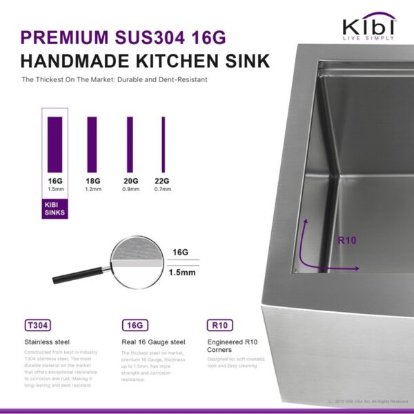 KIBI USA K1-SF36T 36 Inch Handcrafted Farmhouse Apron Single Bowl Stainless Steel Kitchen Sink Set