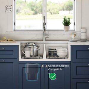 KIBI USA K2-DF33PI Pillar 33 Inch Fireclay Farmhouse Undermount Double Kitchen Sink with Bottom Grid and Strainer - White