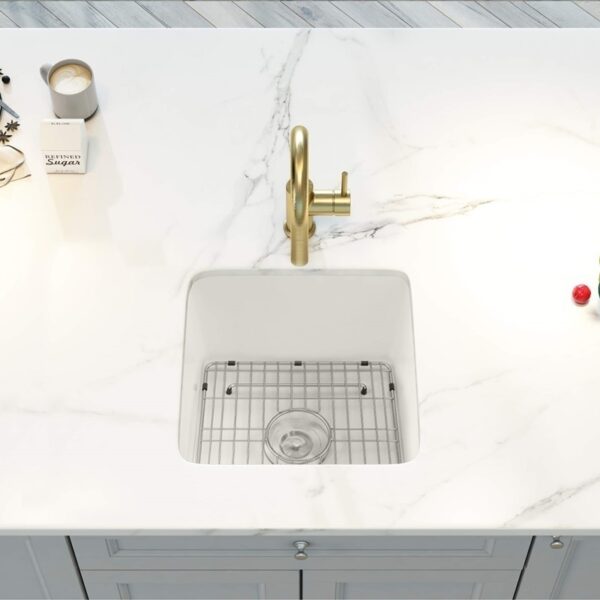 KIBI USA K2-S18SQ Cubic 18 Inch Fireclay Farmhouse Undermount Kitchen Sink with Bottom Grid and Strainer - White