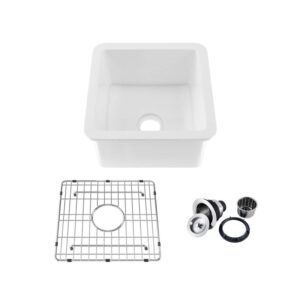 KIBI USA K2-S18SQ Cubic 18 Inch Fireclay Farmhouse Undermount Kitchen Sink with Bottom Grid and Strainer - White