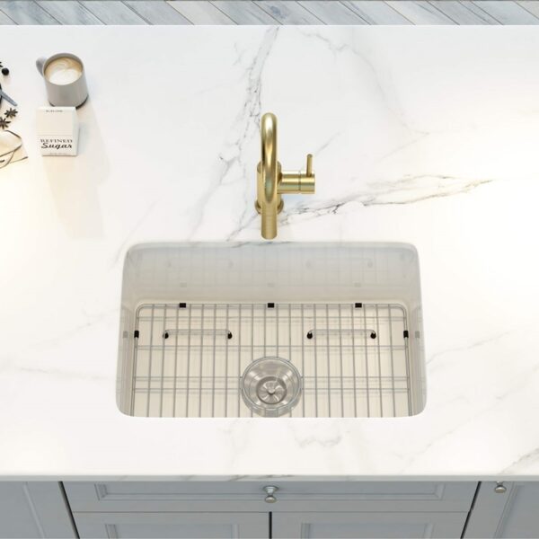 KIBI USA K2-S27 Landis 26 3/4 Inch Fireclay Farmhouse Undermount Kitchen Sink with Bottom Grid and Strainer - White