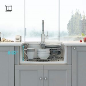 KIBI USA K2-S27 Landis 26 3/4 Inch Fireclay Farmhouse Undermount Kitchen Sink with Bottom Grid and Strainer - White