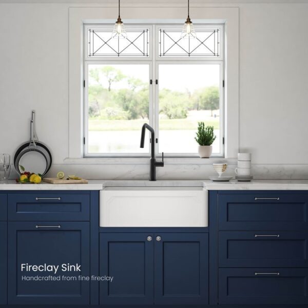 KIBI USA K2-SF30AR Arch 30 Inch Fireclay Farmhouse Undermount Kitchen Sink with Bottom Grid and Strainer - White