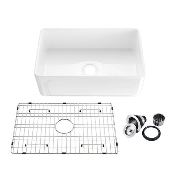 KIBI USA K2-SF30AR Arch 30 Inch Fireclay Farmhouse Undermount Kitchen Sink with Bottom Grid and Strainer - White