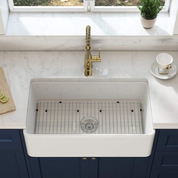 KIBI USA K2-SF33 Pure 33 Inch Fireclay Farmhouse Undermount Kitchen Sink with Bottom Grid and Strainer - White