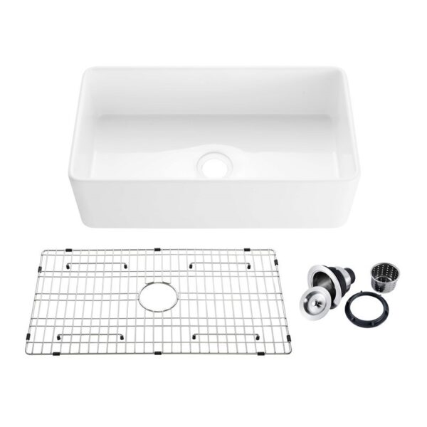 KIBI USA K2-SF33 Pure 33 Inch Fireclay Farmhouse Undermount Kitchen Sink with Bottom Grid and Strainer - White