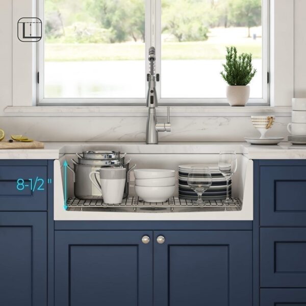 KIBI USA K2-SF33PI Pillar 33 Inch Fireclay Farmhouse Undermount Kitchen Sink with Bottom Grid and Strainer - White