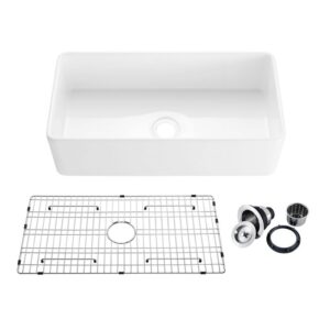 KIBI USA K2-SF36 Pillar 36 Inch Fireclay Farmhouse Undermount Kitchen Sink with Bottom Grid and Strainer - White